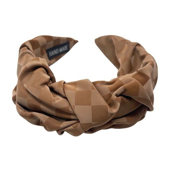 Brown Checkered Faux Leather Ruched Headband | Structured Handmade Accessory - Picture 2 of 7